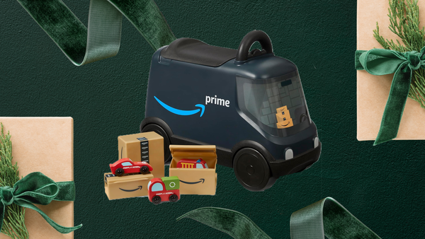 the radio flyer amazon delivery van ride on on a background of festive presents