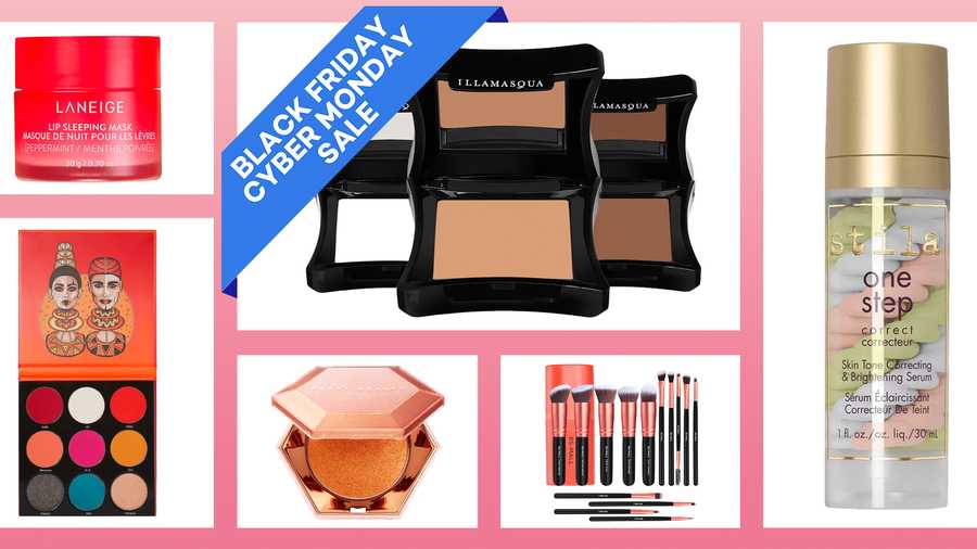 black friday makeup deals including bs mall 14 piece brush sets, fenty beauty by rihanna diamond bomb all over diamond veil, juvias place the festival eyeshadow palettes,  lip sleeping masks, illamasqua skin base lift concealers, and more