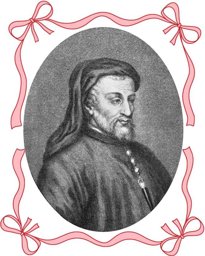 portrait of chaucer within a decorative border featuring ribbons