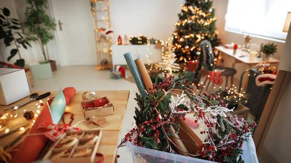 messy christmas decorations in box