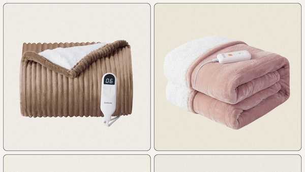 four heated blankets with controllers in different designs and colors