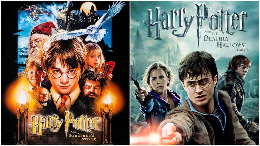 Posters show "Harry Potter and the Sorcerer's Stone" and "Harry Potter and the Deathly Hallows Part 2" movies