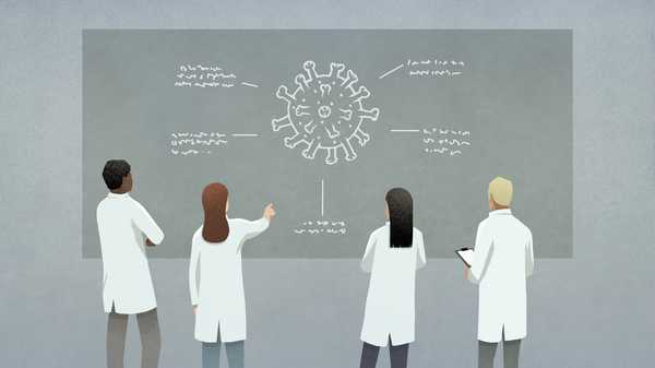 scientists discussing covid 19 coronavirus diagram