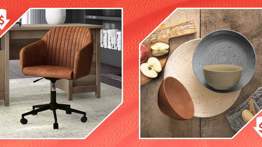 brown swivel task chair and speckled dinnerware set