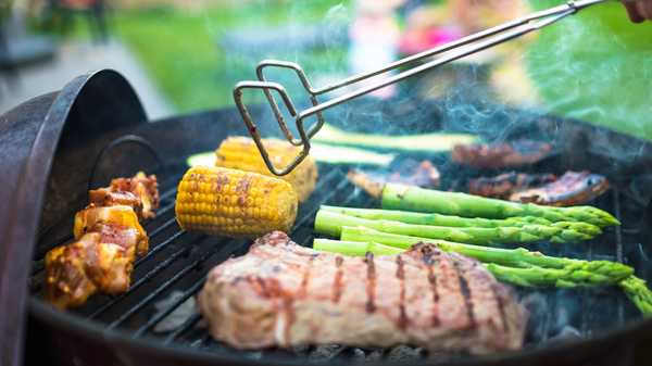 Meat And Vegetables On Barbecue Grill