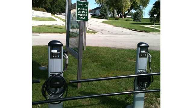 An electric car charging station in Elkhorn, Iowa.