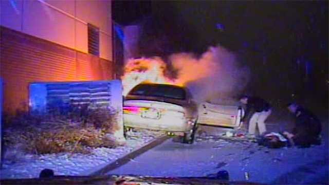 Car bursts into flames after crashing into Urbandale church.