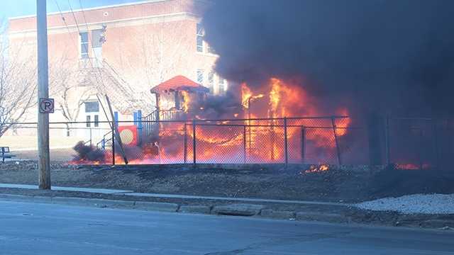 Playground on fire at Park Avenue Elementary in Des Moines.