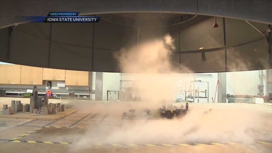 A massive tornado simulator at Iowa State University creates tornadoes that are meant to behave like real tornadoes out int eh field.