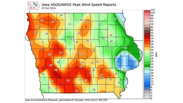 Map showing peak wind gusts early afternoon in Iowa.