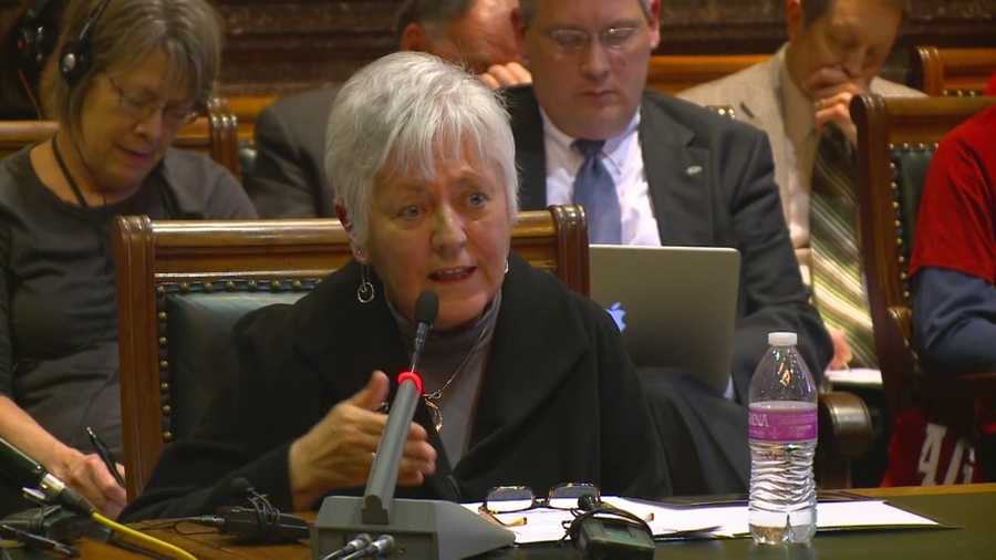 University of Iowa President Sally Mason discussed details of a proposed merger with AIB at the Iowa Statehouse.