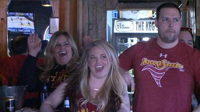 Dressed in Cyclone gear, the wild crowd inside The Kegstand in West Des Moines couldn't sit still as they watched their team battle the Jayhawks for the Big 12 Championship.