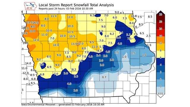 UPDATED snowfall totals now topping 13.5 inches