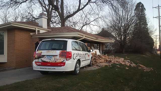 Hy-Vee Catering Van Crashes In Garage