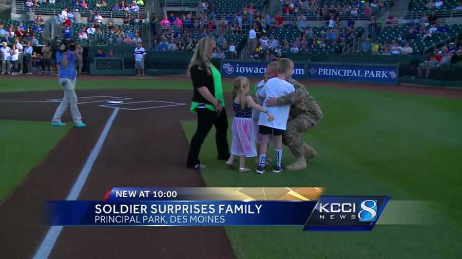 Chief Warrant Officer Ryan Beargeon's three kids were overjoyed when he surprised them at Principal Park Saturday night.