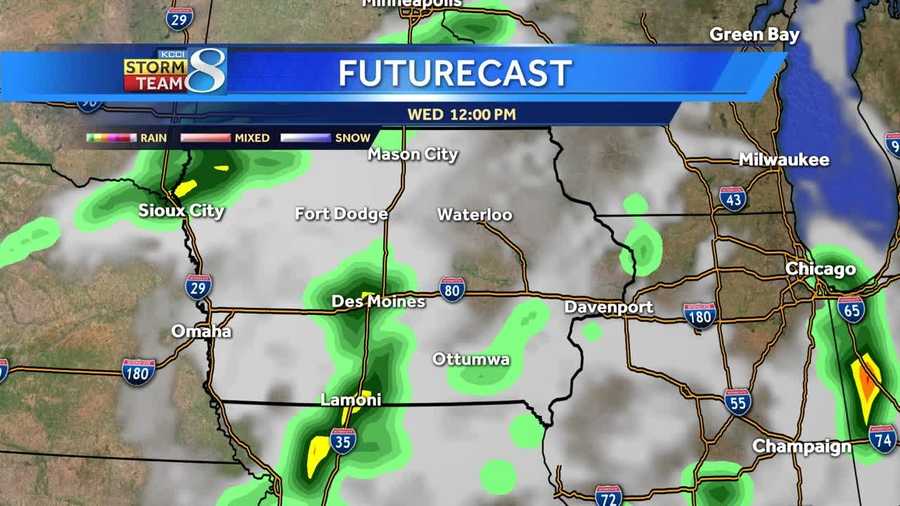 Futurecast shows storms moving through Iowa over the next 24 hours.