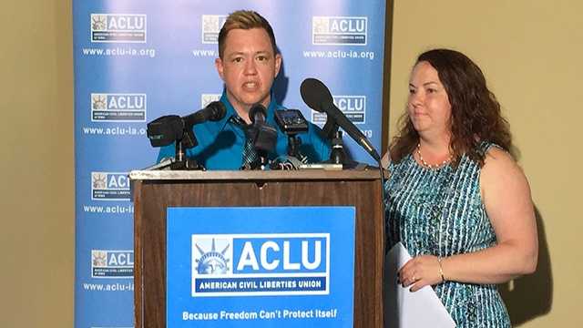 Jesse Vroegh and his wife at ACLU of Iowa news conference.