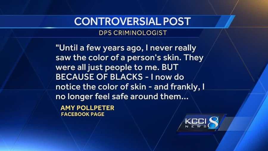 Iowa Department of Public Safety criminologist Amy Pollpeter was fired for comments made on a social media site.