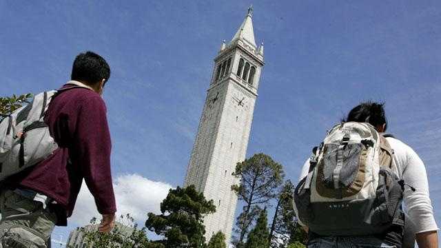Students walk by Sather Tower on the UC Berkeley campus.