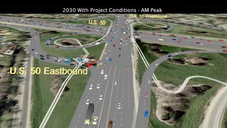 A computer rendering shows a reconfigured Watt Avenue and Highway 50 interchange with morning traffic in 2030.