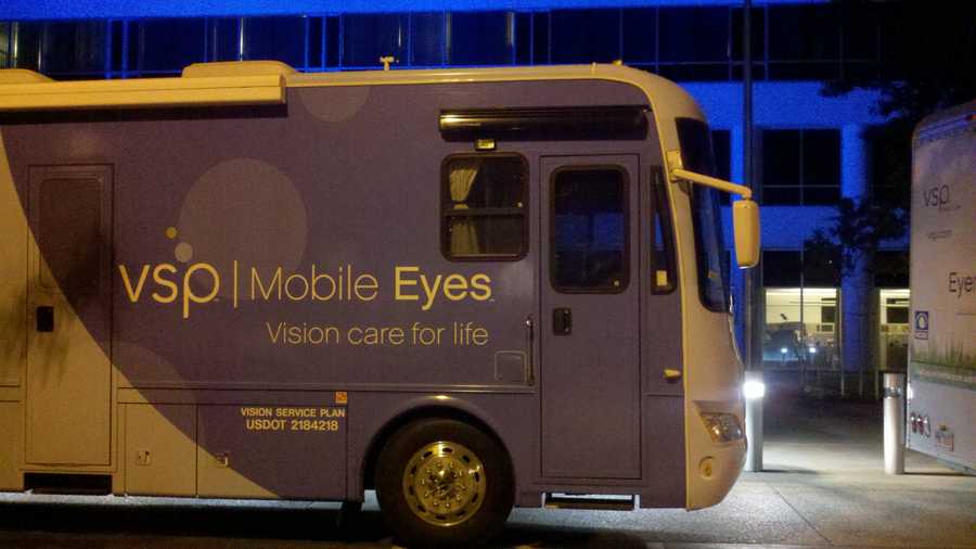 One of two 40-foot mobile eye care clinics departs Rancho Cordova headed for the New York area.
