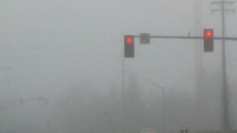 Green traffic lights are blurred by the morning fog. 