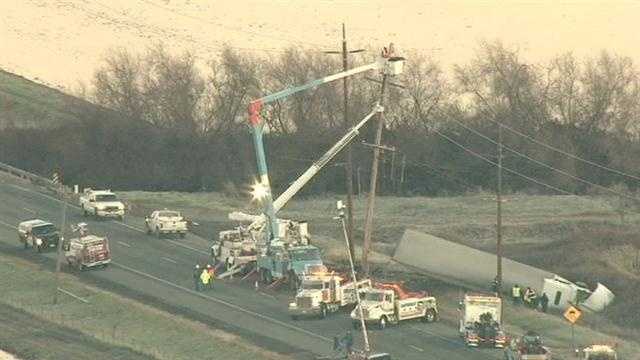 A big-rig crash that knocked down power lines on State Route 99 has shut down the highway near Chico for nearly eight hours.