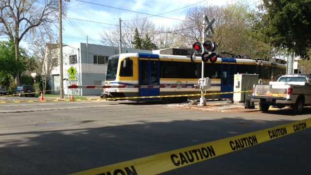 A light rail train derailed from its track Wednesday morning in Sacramento.