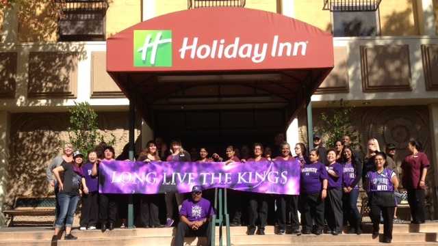 The staff at the Holiday Inn in Sacramento show their support for the Sacramento Kings.