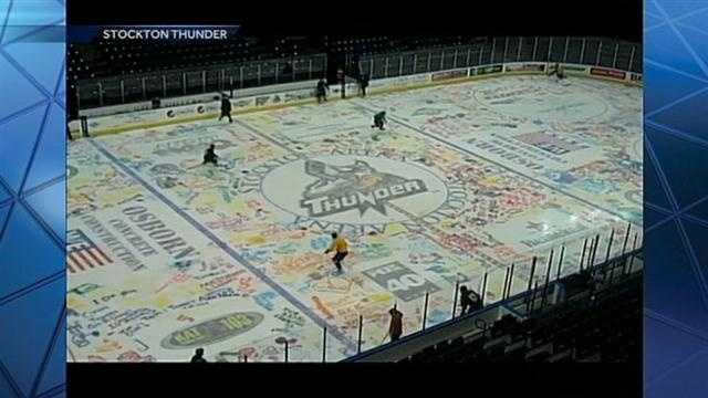 Check out the Stockton Thunder's home ice, which was painted by fans several days ago ahead of the team's game vs. the San Francisco Bulls.