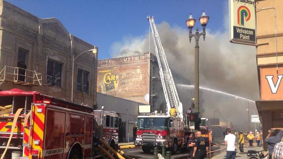 Firefighters battle a fire that broke out at a historic downtown building in Stockton. (June 4, 2014)