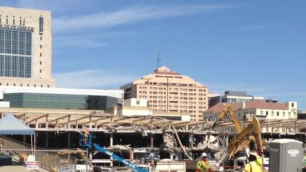 Crews are demolishing part of the Downtown Plaza mall to make room for a new arena.