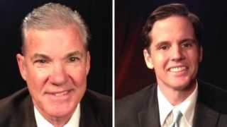 Tom Torlakson is on the left and Marshall Tuck is on the right (October 2014).