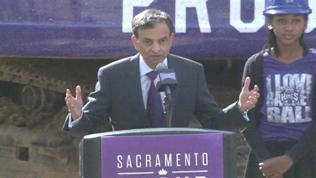 GroundbreakingOct. 29, 2014 -- Mayor Kevin Johnson and Kings owner Vivek Ranadive break ground for the downtown arena site. The ceremony marks the symbolic transition from the demolition phase to the construction phase. "It's going to be quite simply one of the most iconic structures on the planet," Ranadive said.