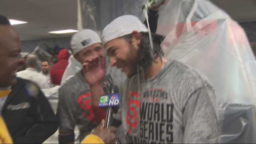 Champagne flowed freely in the Giants' locker room at Kauffman Stadium while aerial footage was showing a crazy fan sitch on the streets of San Francisco. Del Rodgers reports after Game 7.