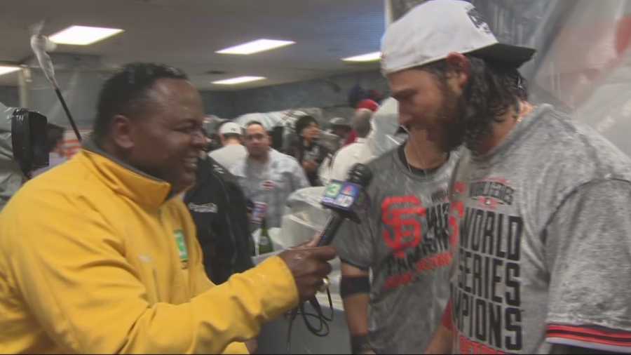 Del Rodgers interviews Giants stars Brandon Belt, Brandon Crawford and Hunter Pence, following Game 7 of the World Series.