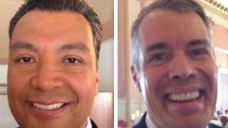 Candidate Alex Padilla is at left and candidate Pete Peterson is on the right (October 2014).