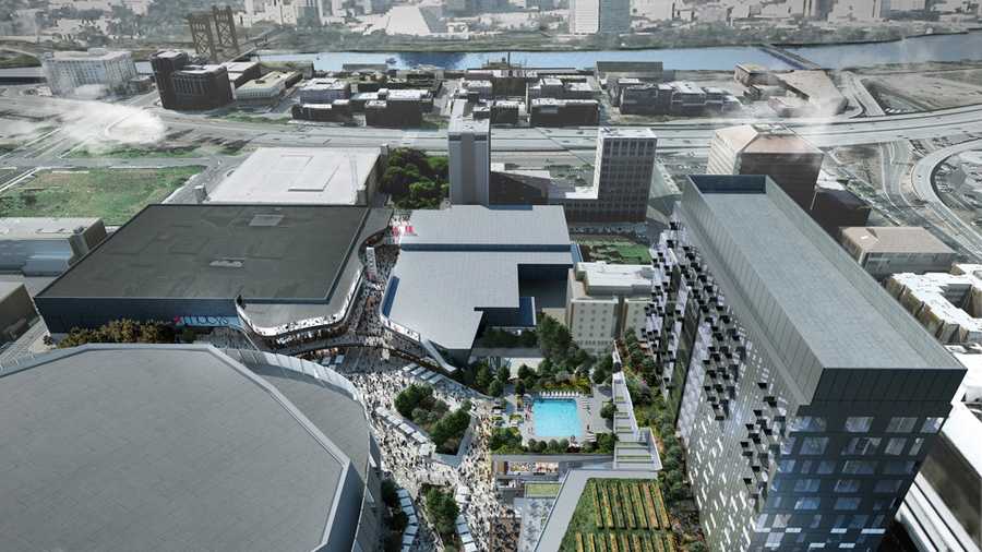The Sacramento Kings released a new rendering Friday that shows new shopping venues and a hotel that will be built around the new downtown sports and entertainment complex. (Nov. 7, 2014)