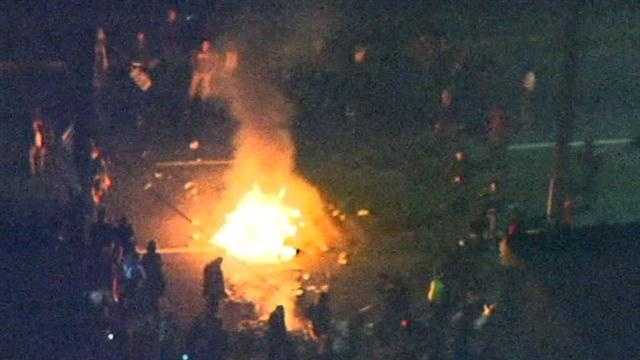 Some protesters started a fire on I-580 in Oakland on Monday night (Nov. 24, 2014).