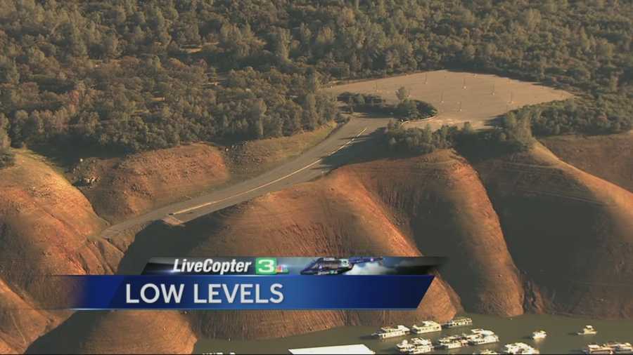 California's drought has taken a huge toll on Lake Oroville, the second-largest reservoir in state. LiveCopter3 flew over the lake on Tuesday to take a look at the water levels -- and our pilot came across a pretty disturbing image: a road that looks like it ends abruptly is actually a boat ramp. You can see the parking lot right above it. Meteorologist Mark Finan said the lake is nearing record-low levels, but probably won't get as low as it did in the mid-'70s.