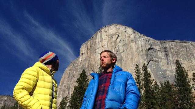 Climbers Kevin Jorgeson and Tommy Caldwell stand in front of El Capitan after their historic Dawn Wall climb in Yosemite. (Jan. 15, 2015)
