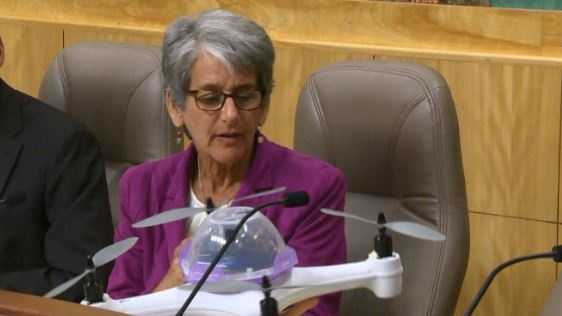 Sen. Hannah-Beth Jackson examines a drone during a hearing at the State Capitol.