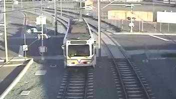 Surveillance video from Sacramento Regional Transit shows an empty driver's compartment as the train passes through an intersection.