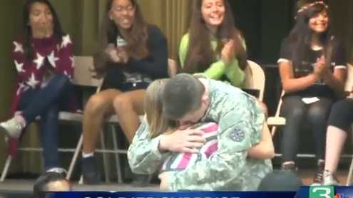 Sgt. Gary Helms pulled off a surprise homecoming on his daughter at her Modesto middle school.