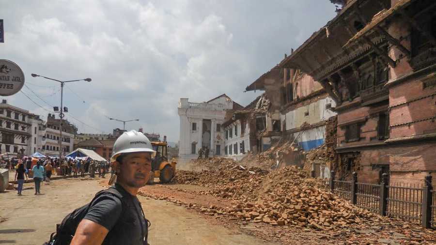 Kit Miyamoto inspects earthquake damage in Nepal.