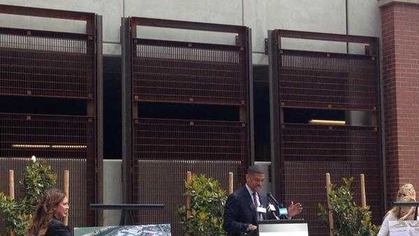 Mayor Kevin Johnson speaks during the grand opening of Cannery Place.