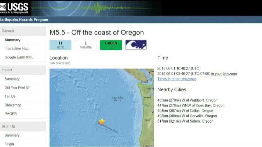 At least five earthquakes have been reported off the Oregon coast since Sunday.