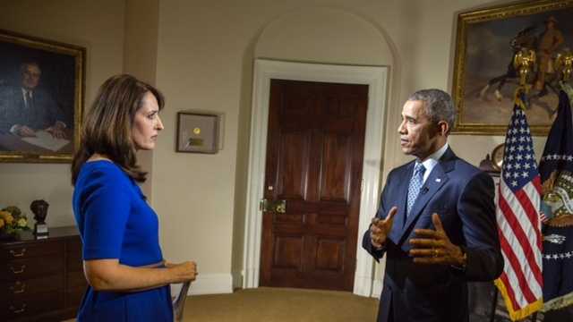 President Barack Obama conducts an interview on trade and the economy with KCRA 3 anchor Edie Lambert, in the Roosevelt Room of the White House (June 3, 2015).