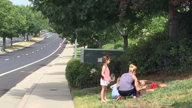 Neighbors lay flowers at the site of Monday's fatal bicycle crash in Folsom.