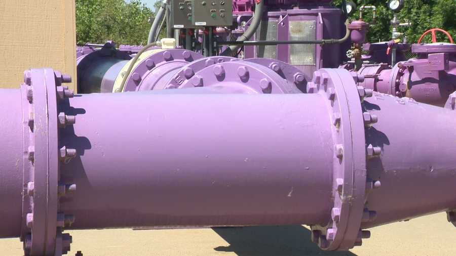 The giant purple pipes at the El Dorado Irrigation District center represent recycled water.  It isn't drinking or potable water but it is filtered to be safe for watersheds. Ironically, so many people have conserved regular water in their homes it has given the district less water to recycle.  As a result they have to supplement about 10 percent of the volume with drinking water.